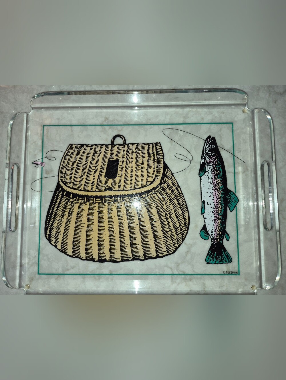 Vintage Pelzman serving tray, fly-fishing motif w/ a wicker basket & Trout